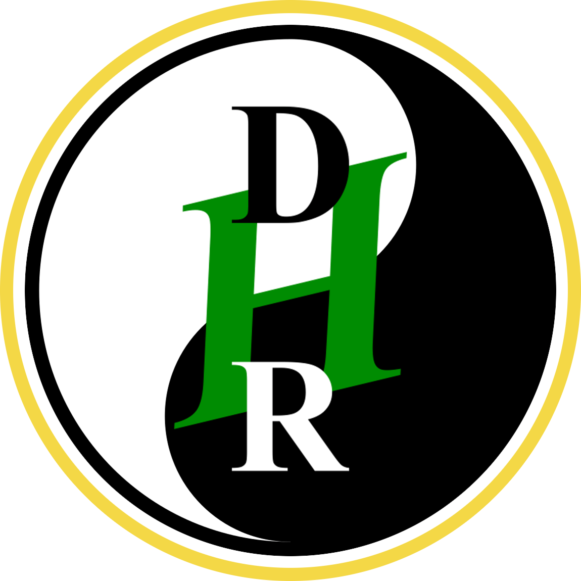 A Black And White Circle With Green And White Letters