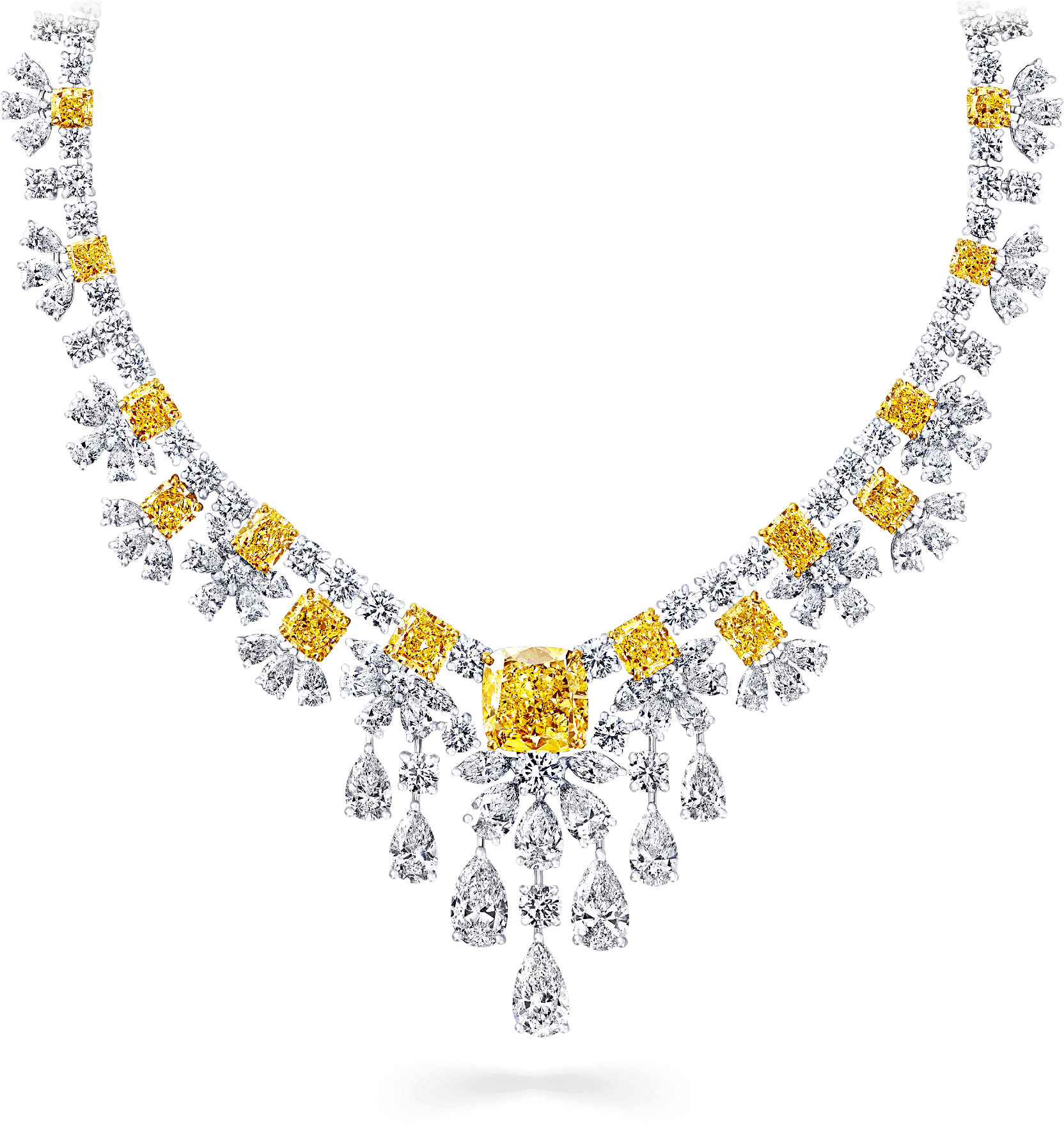 A Necklace With Diamonds And Yellow And White Stones