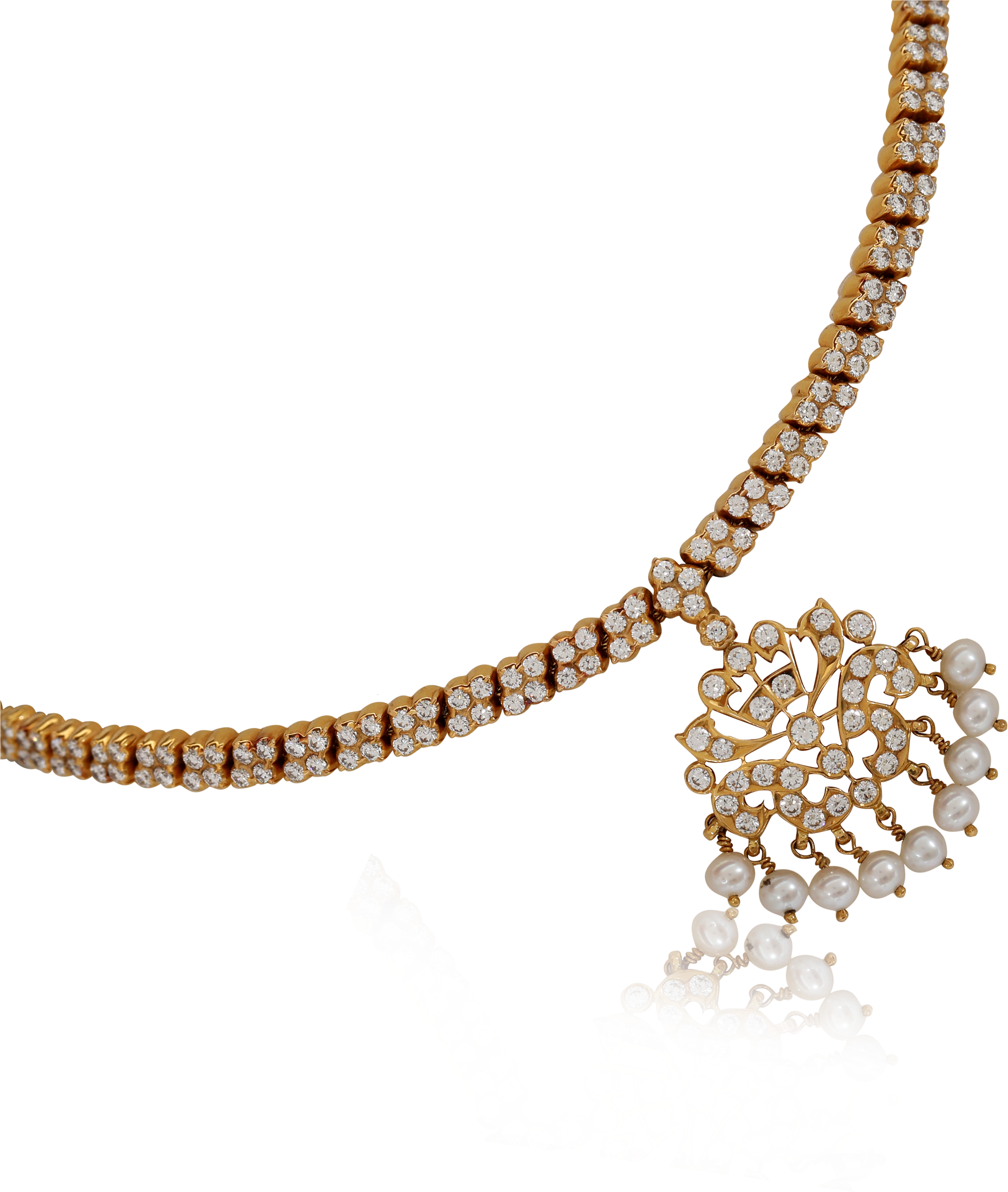 A Gold Necklace With Diamonds And Pearls