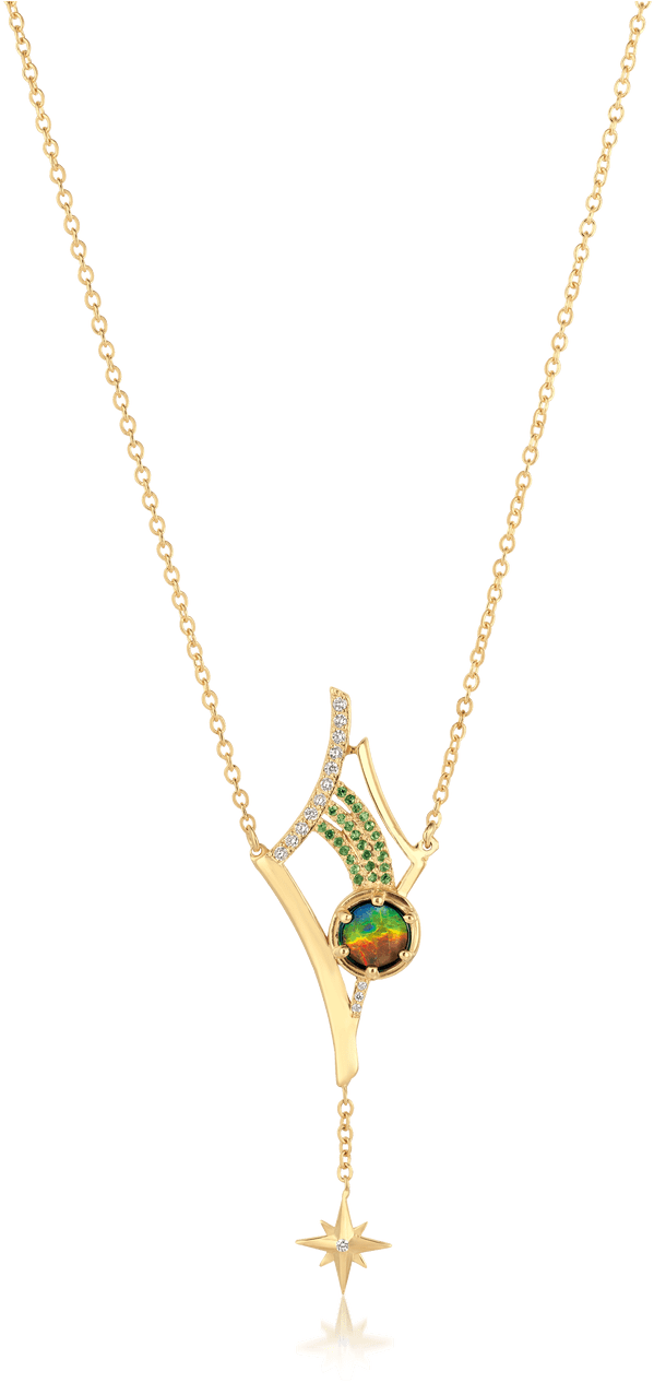 A Gold Necklace With A Multicolored Stone And Diamonds