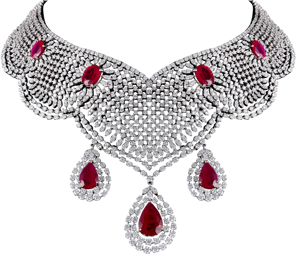 A Necklace With Red Stones And Diamonds