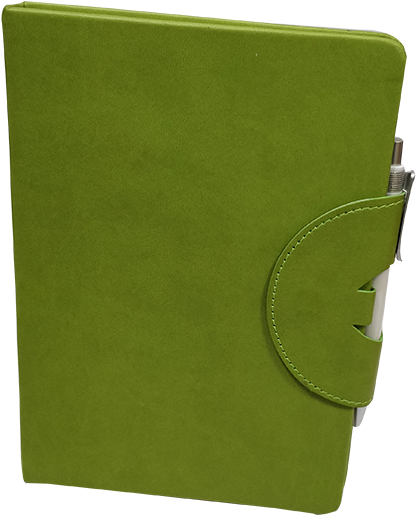 A Green Leather Notebook With A Metal Pen Holder