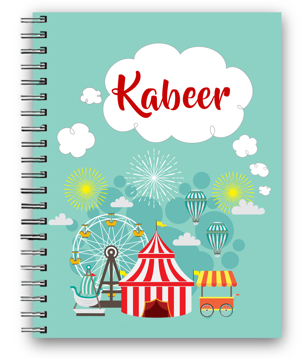 A Spiral Bound Notebook With A Circus Tent And Hot Air Balloons