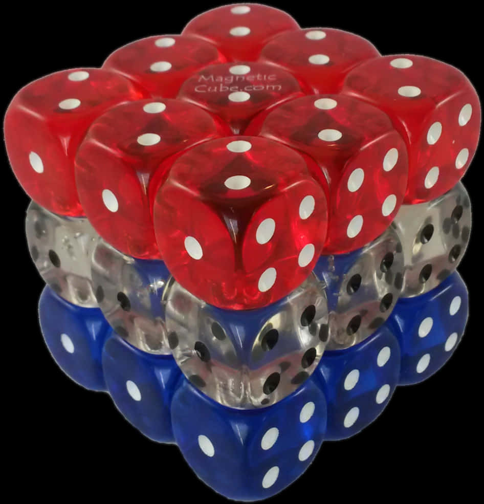 A Stack Of Dice With Red And Blue Dice