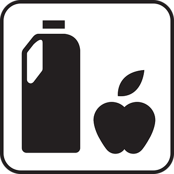 A Black And White Sign With A Bottle And An Apple