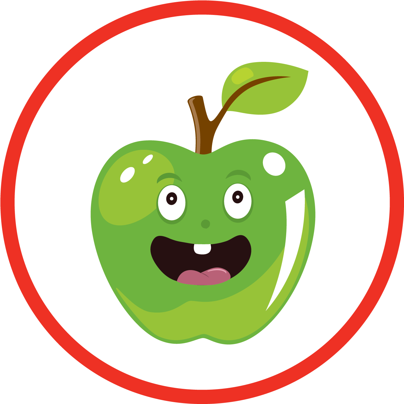 A Cartoon Apple With A Face And A Leaf In A Red Circle