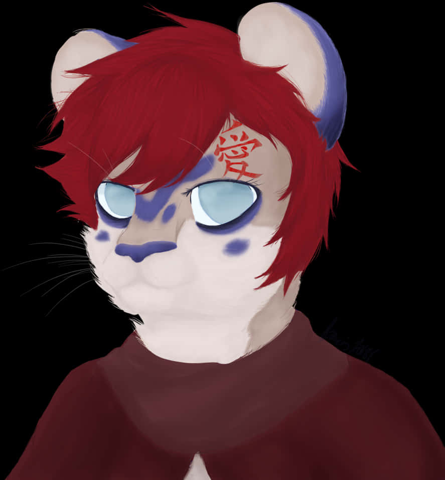 A Cartoon Cat With Red Hair And Blue Spots