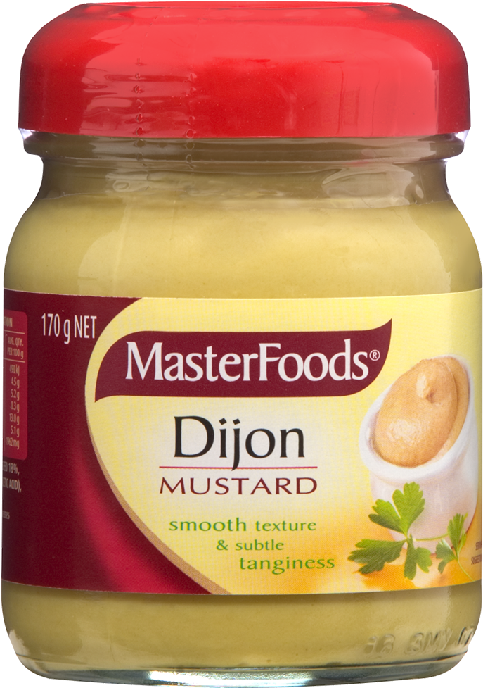 A Jar Of Mustard With A Red Lid
