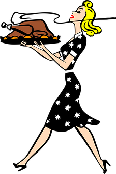 A Cartoon Of A Woman Holding A Turkey