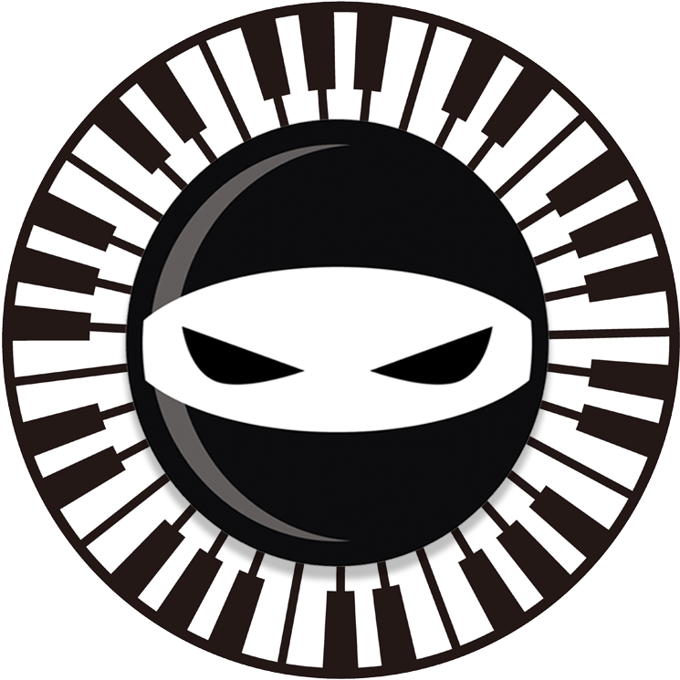 A Circular Logo With A Ninja Face And Piano Keys