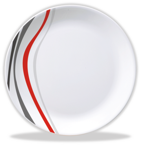 A White Plate With Red And Grey Stripes