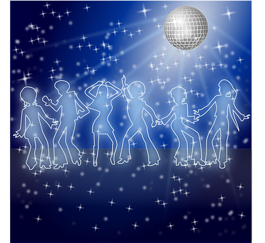 A Group Of People Dancing In Front Of A Disco Ball