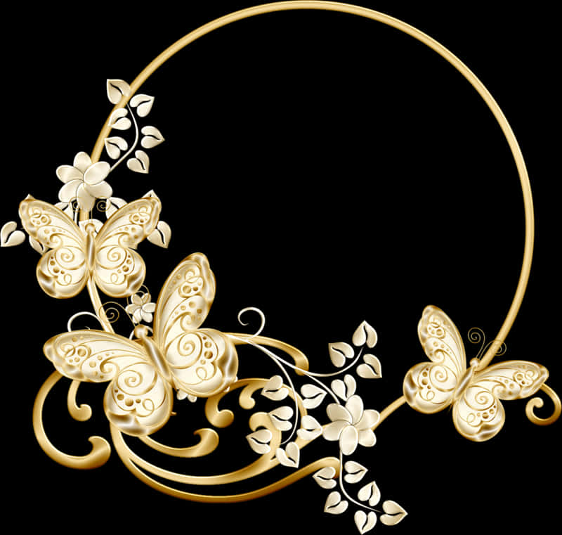 A Gold Butterfly And Flowers In A Circle