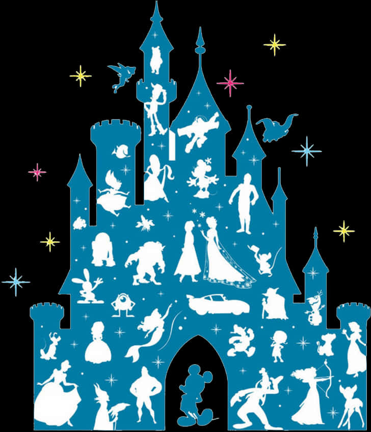 A Blue Castle With Many Cartoon Characters