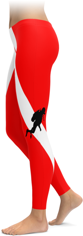A Red And White Striped Sock With A Diver Silhouette