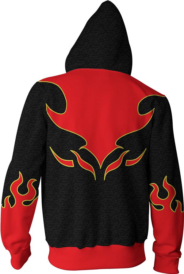 A Black And Red Jacket With Red Flames On It