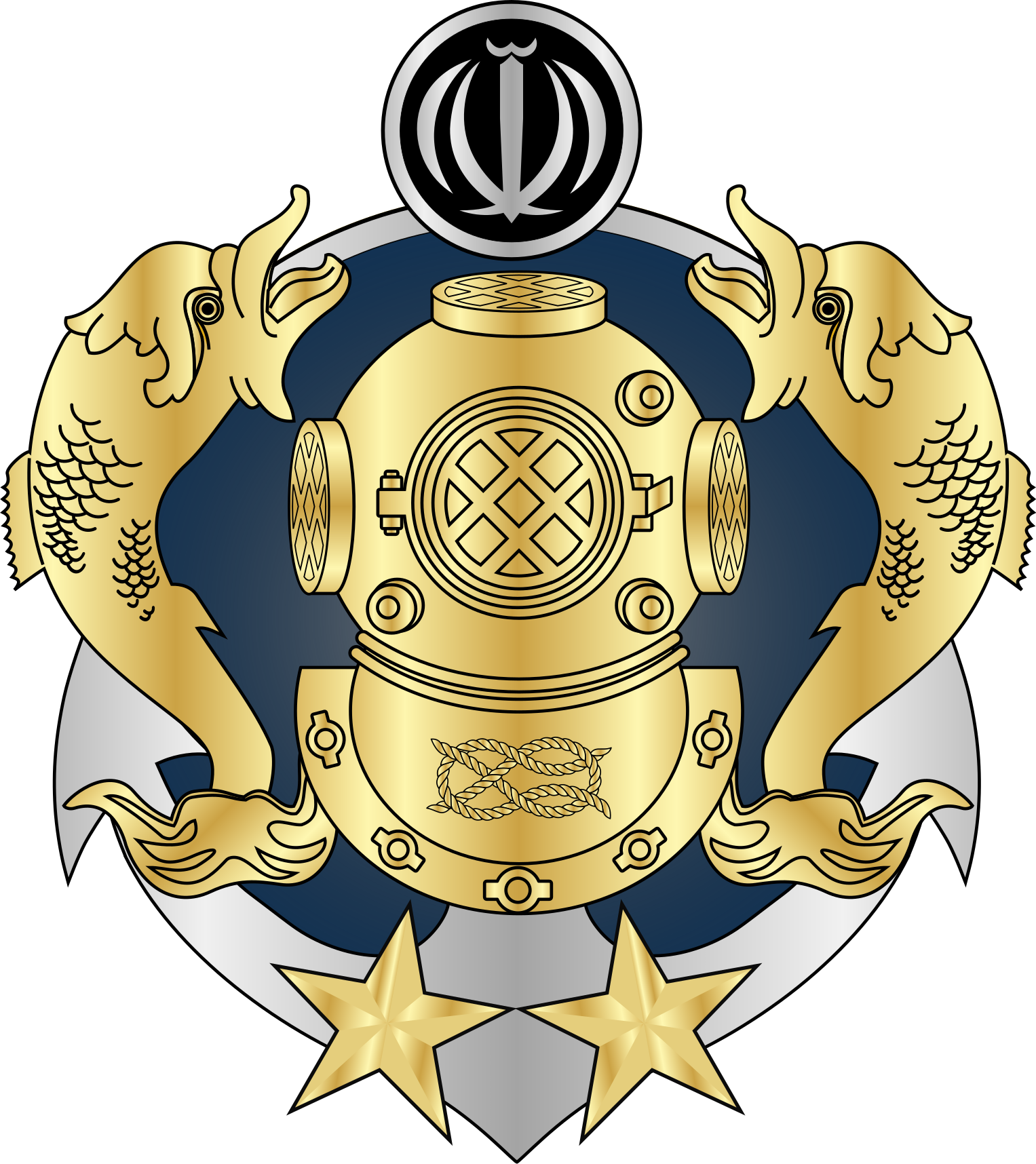 A Gold And Silver Emblem With Two Fish And A Helmet