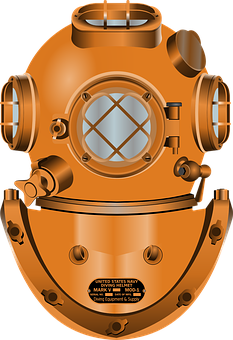 A Gold Diving Helmet With A Round Window