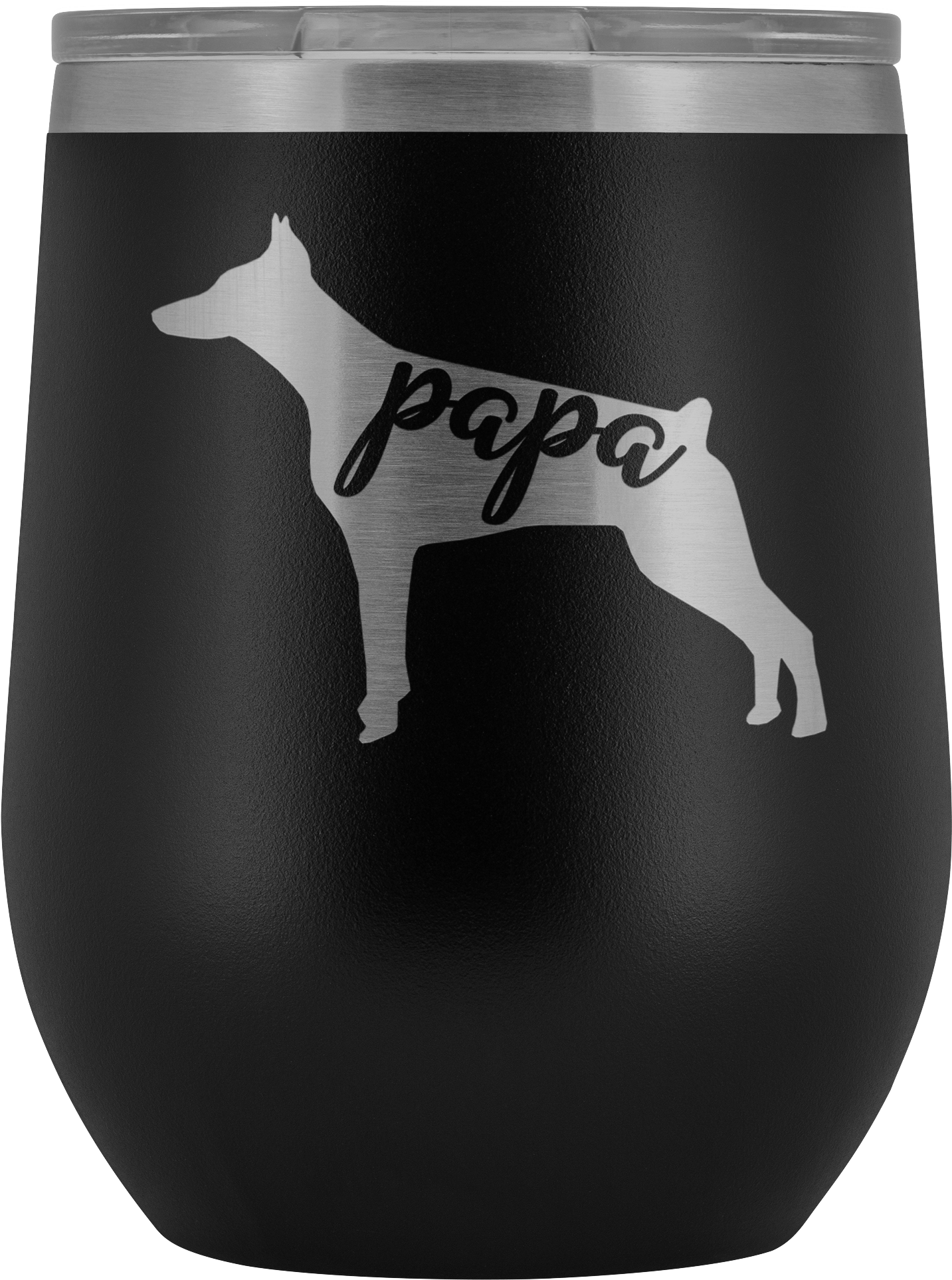 A Black And Silver Cup With A Dog On It