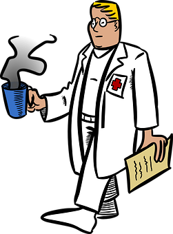 A Cartoon Of A Doctor Holding A Cup And A Paper