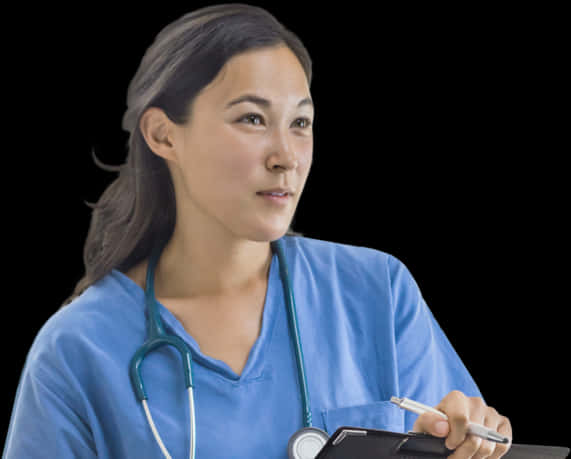 A Woman In Scrubs Holding A Pen And Clipboard