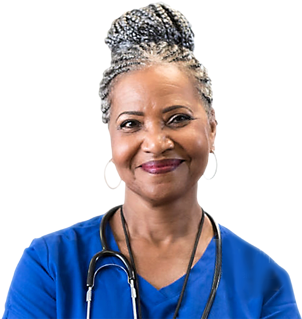 A Woman Wearing A Blue Scrubs And A Stethoscope Around Her Neck