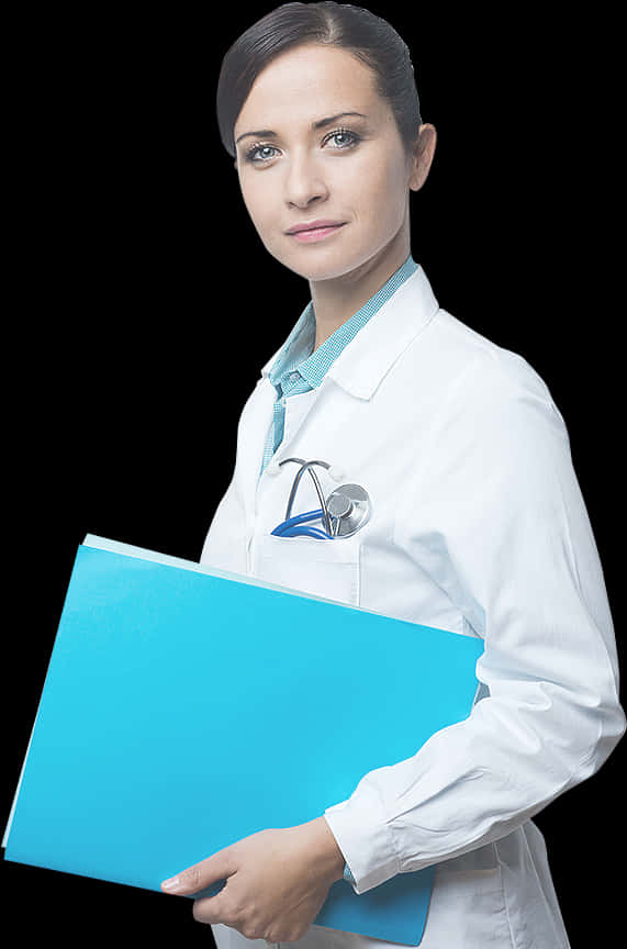 A Woman In A White Coat Holding A Blue File