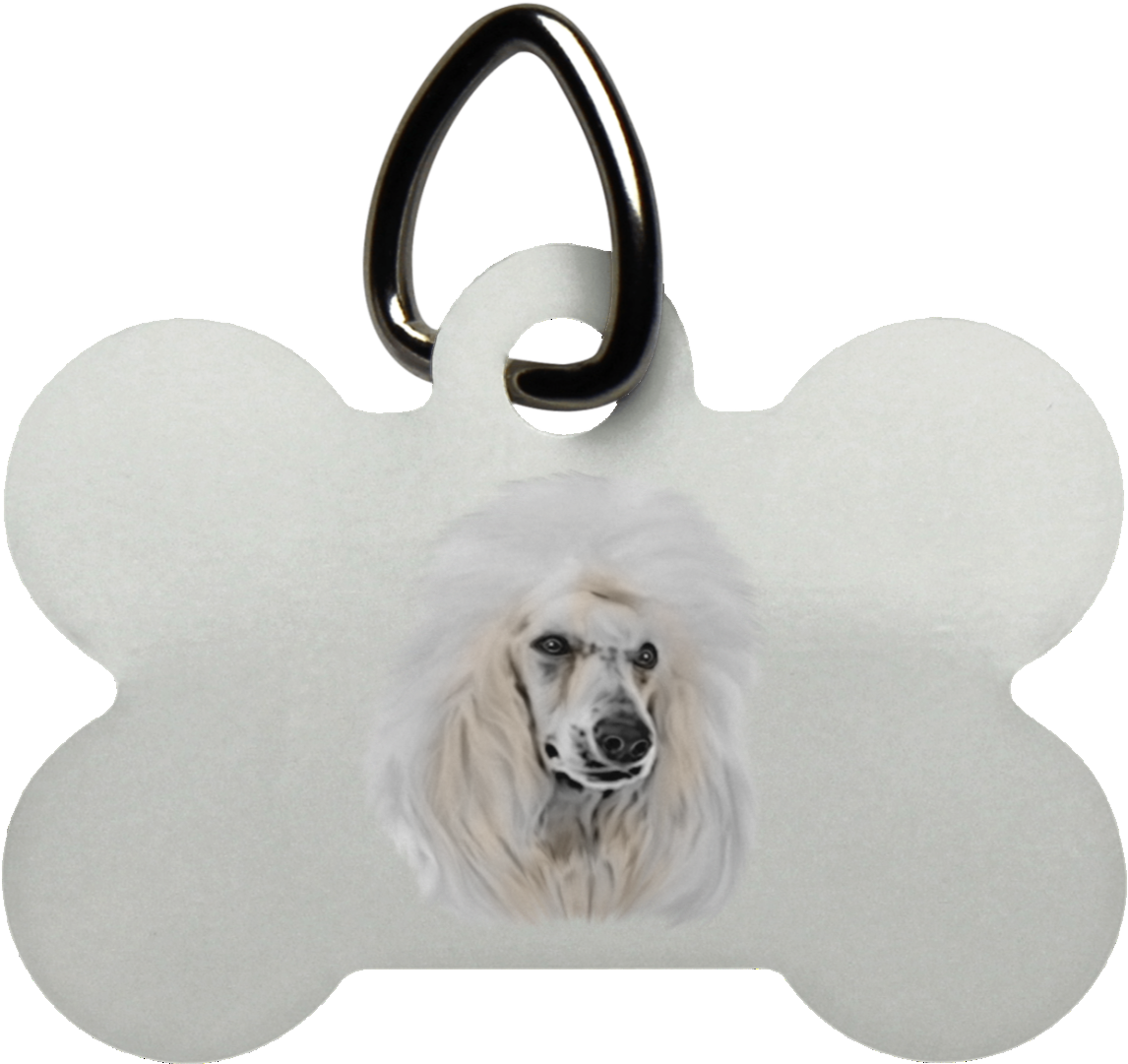 A Dog's Face On A White Bone Shaped Tag