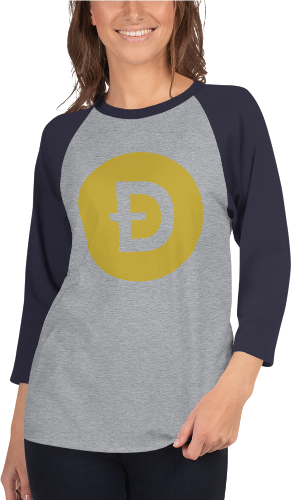 A Woman Wearing A Grey And Black Shirt With A Yellow Circle With A D On It