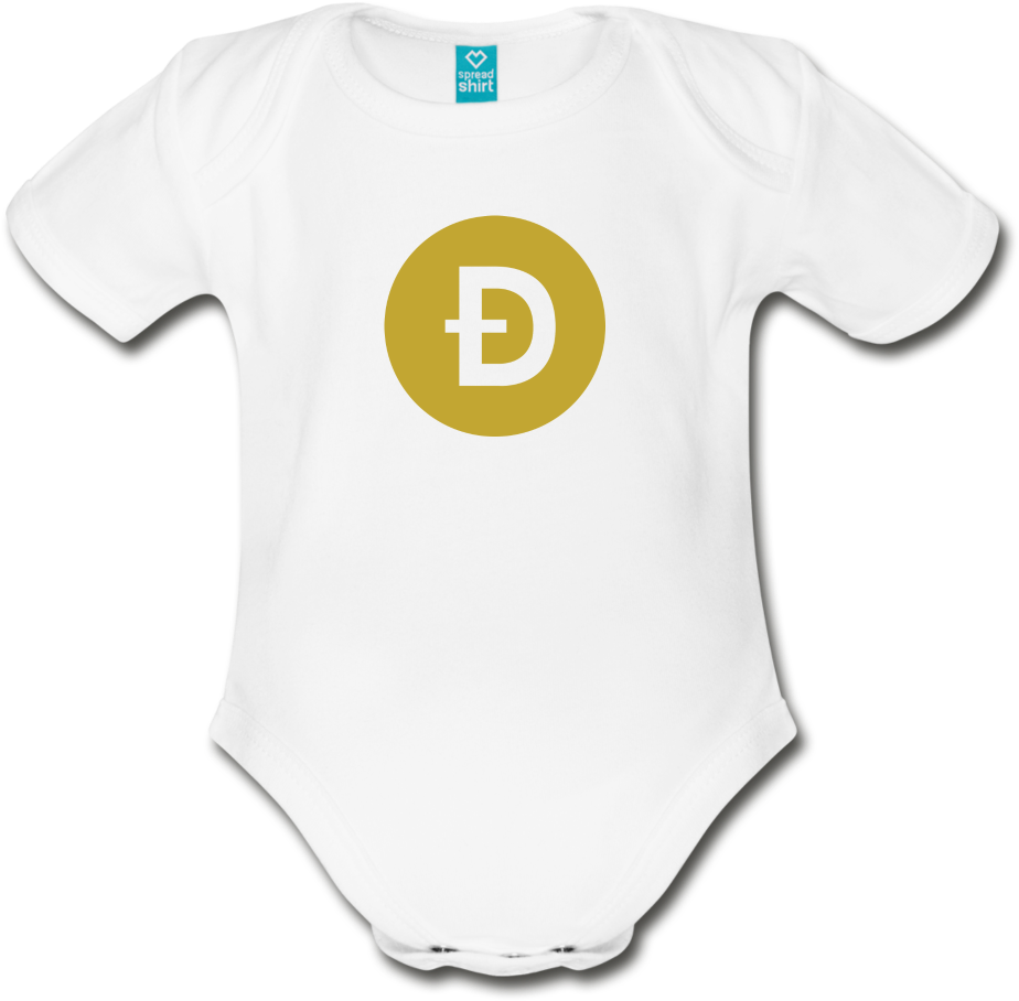 A White Baby Bodysuit With A Gold Circle With A Letter D On It