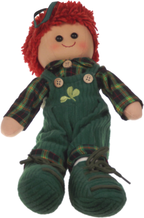 A Stuffed Toy With Red Hair And Green Overalls