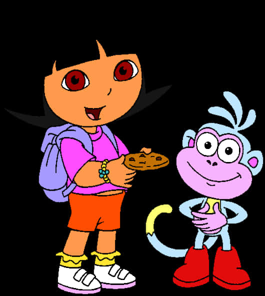 Cartoon Of A Girl Holding A Cookie Next To A Monkey