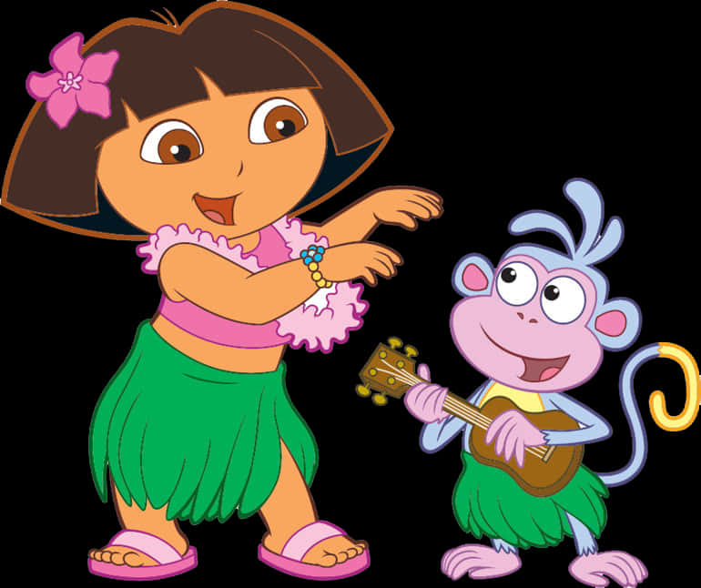 Cartoon Of A Girl Playing A Guitar Next To A Monkey