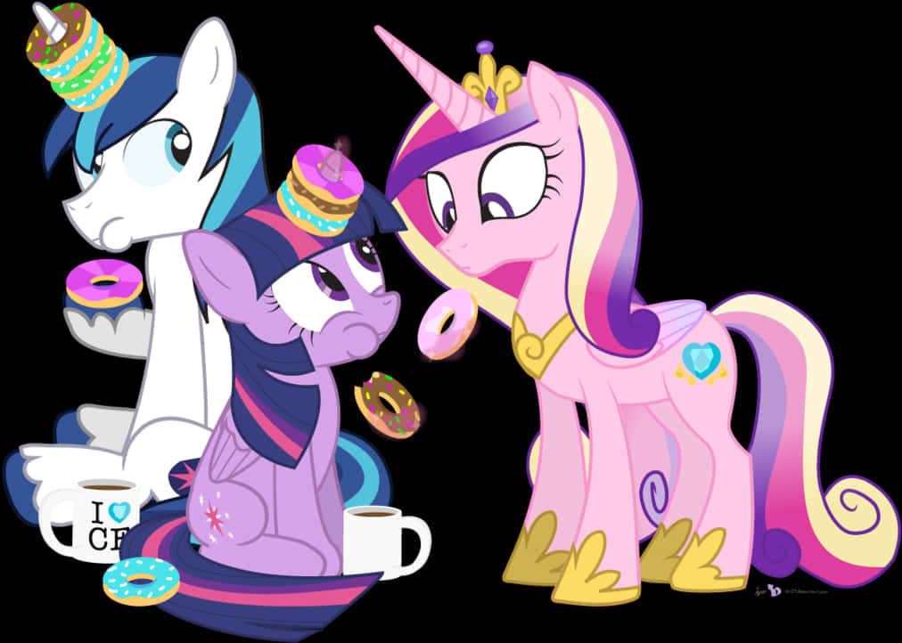 Cartoon Pony Characters With Donuts And A Cup Of Coffee