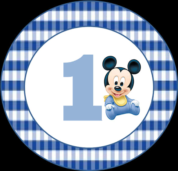 A Blue And White Checkered Plate With A Cartoon Mouse And Number