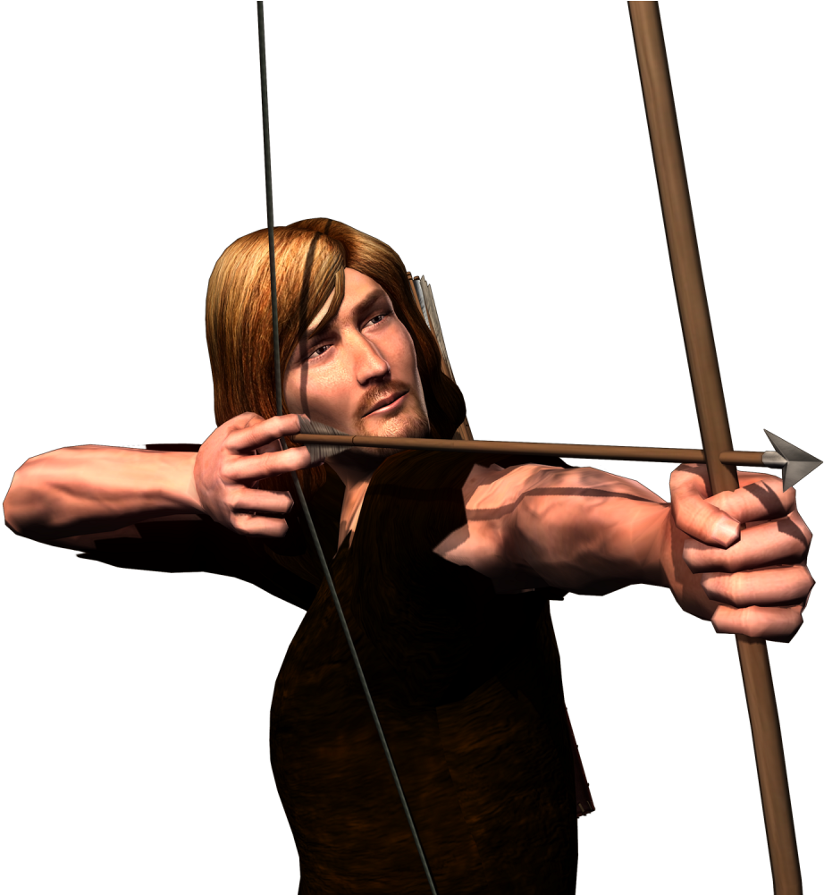 A Man With Long Hair Holding A Bow And Arrow