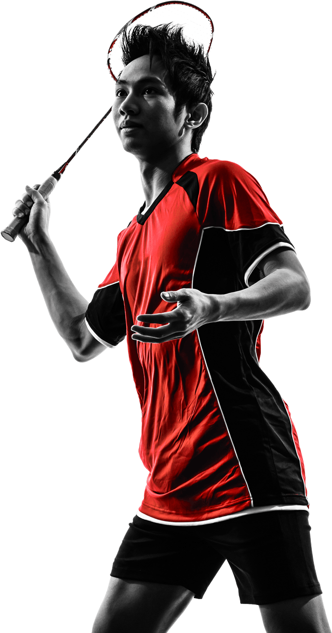 A Man In A Red Shirt Holding A Badminton Racket
