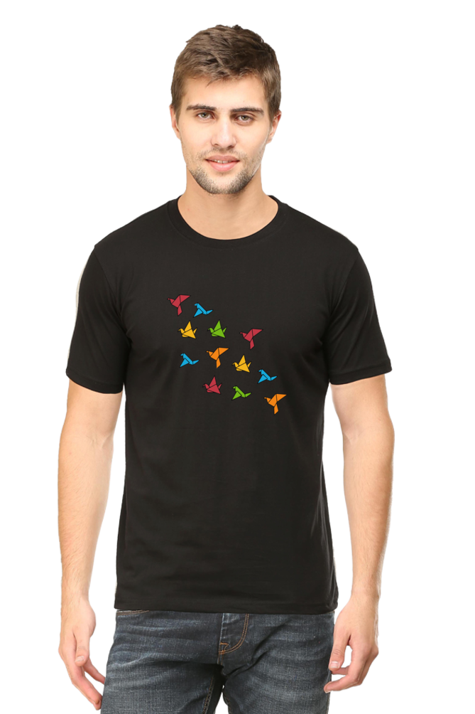 A Man Wearing A Black Shirt With Colorful Birds On It