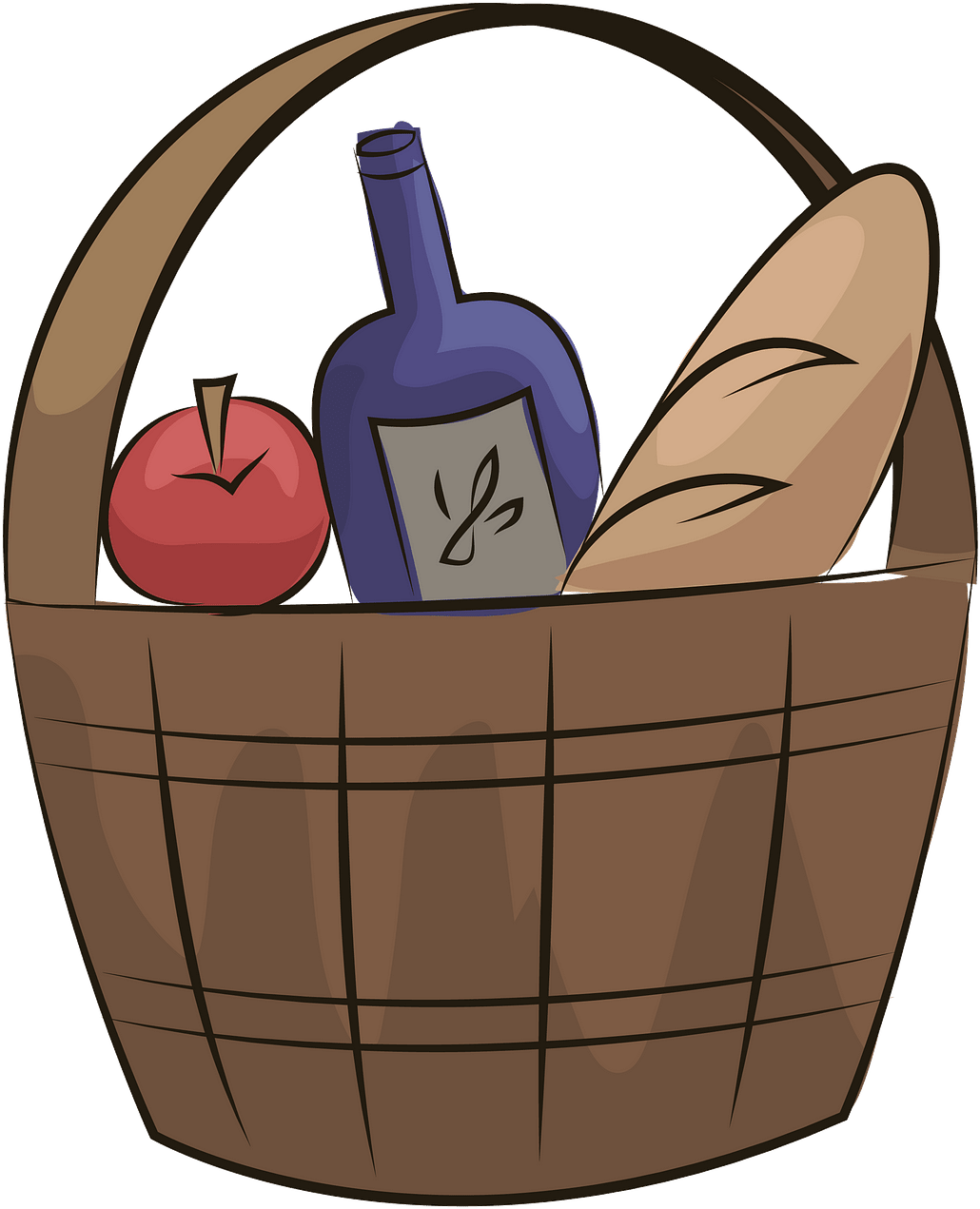 A Basket With Food And A Bottle