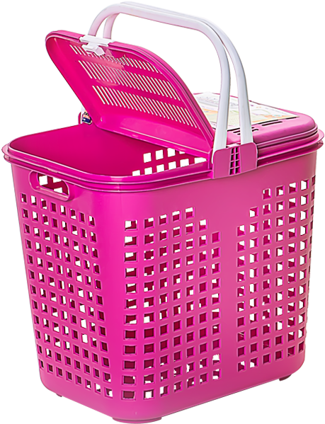 A Pink Basket With A Lid Open
