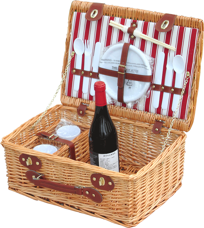 A Picnic Basket With A Bottle Of Wine And Utensils