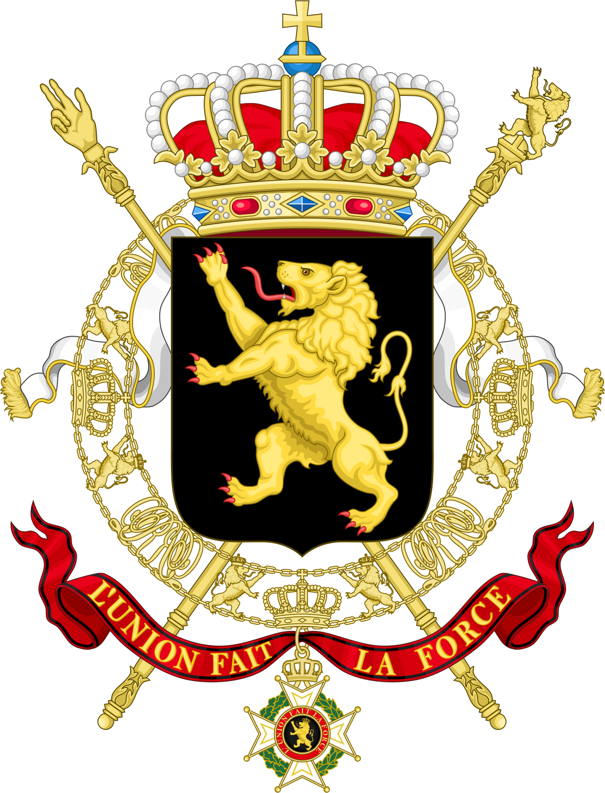 A Gold Lion With A Crown And Red Ribbon