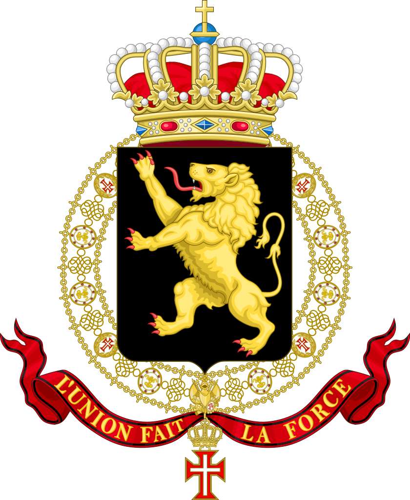 A Gold Lion With A Crown And A Red Ribbon