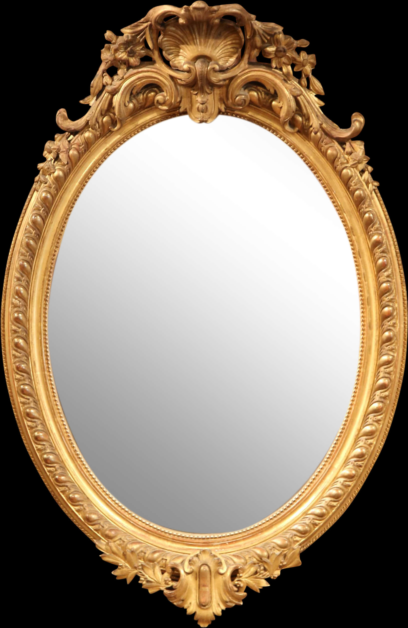A Gold Oval Mirror With A Black Background
