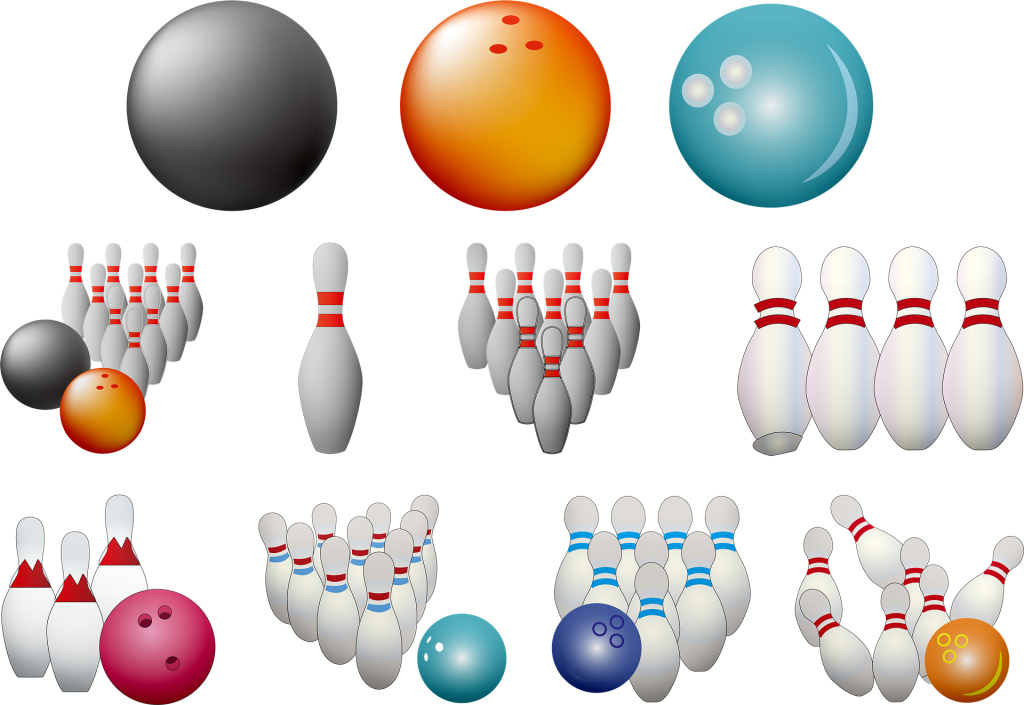 A Group Of Bowling Pins And Bowling Balls