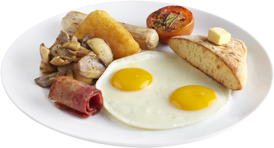 A Plate Of Breakfast With Eggs And Sausages
