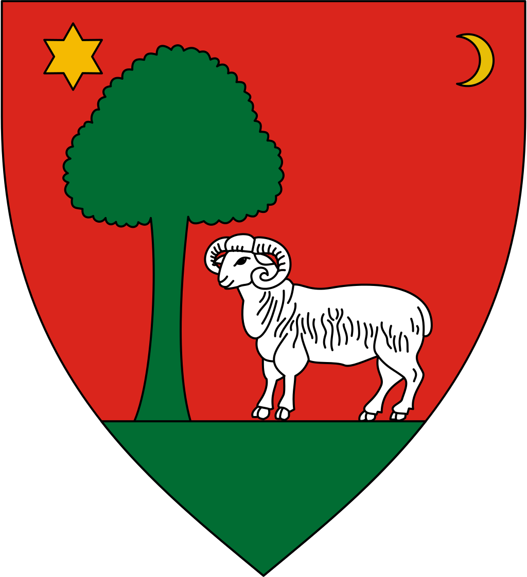 A Red And Green Shield With A White Animal And A Tree