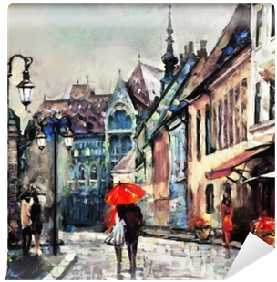 A Painting Of A Couple Walking Down A Street With A Red Umbrella