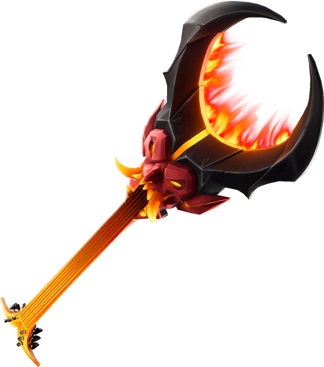 A Black And Red Axe With A Red Dragon Face And Yellow Flames