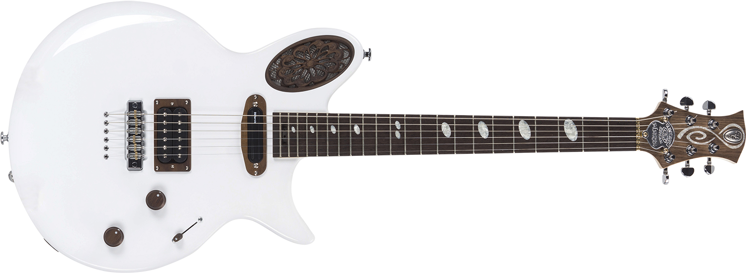 A White Guitar With A Black Background